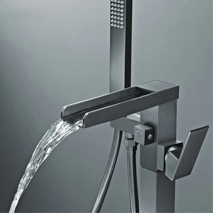 AITANA Luxury Black Brass Floor Standing Bathroom Faucet with Waterfall Water Outlet Design, Hot and Cold Bathtub Mixer