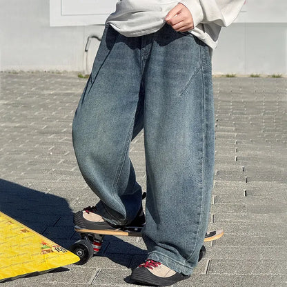 5-14Y Boys Jeans 2026 New Wide Straight Leg Denim Pant Children's Spring Autumn Big Children's Handsome Cotton Sports Pants