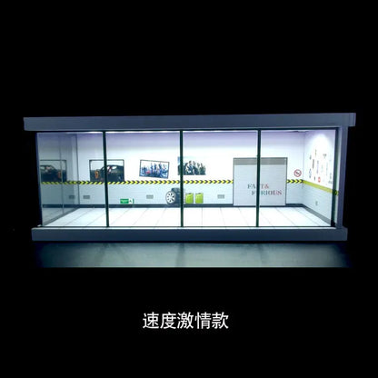 1/64 Scale Parking Space USB Lights House Garage Acrylic Cover Alloy Car Model Parking Plastic DIY Assembly Kit Collection Toys