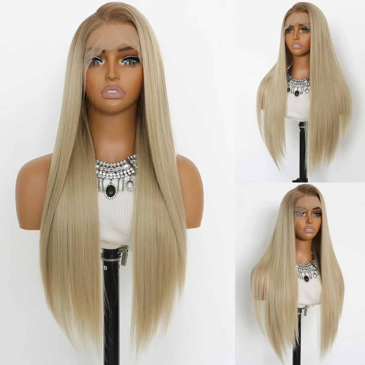 Highlight Honey Blonde 13X4 Lace Front Synthetic Wigs For Women Long Straight Ombre Brown Mixed Blonde Lace Front Wig For Women