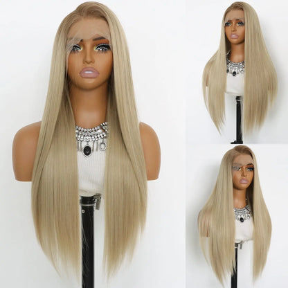 Highlight Honey Blonde 13X4 Lace Front Synthetic Wigs For Women Long Straight Ombre Brown Mixed Blonde Lace Front Wig For Women