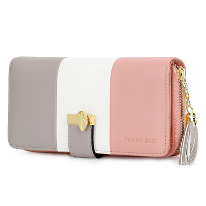 Pomelo Best Tri‑Color Women's Wallet PU Leather Long Zipper RFID Blocking Large Capacity 9 Card Slots Tassel Pendant Fits Phone