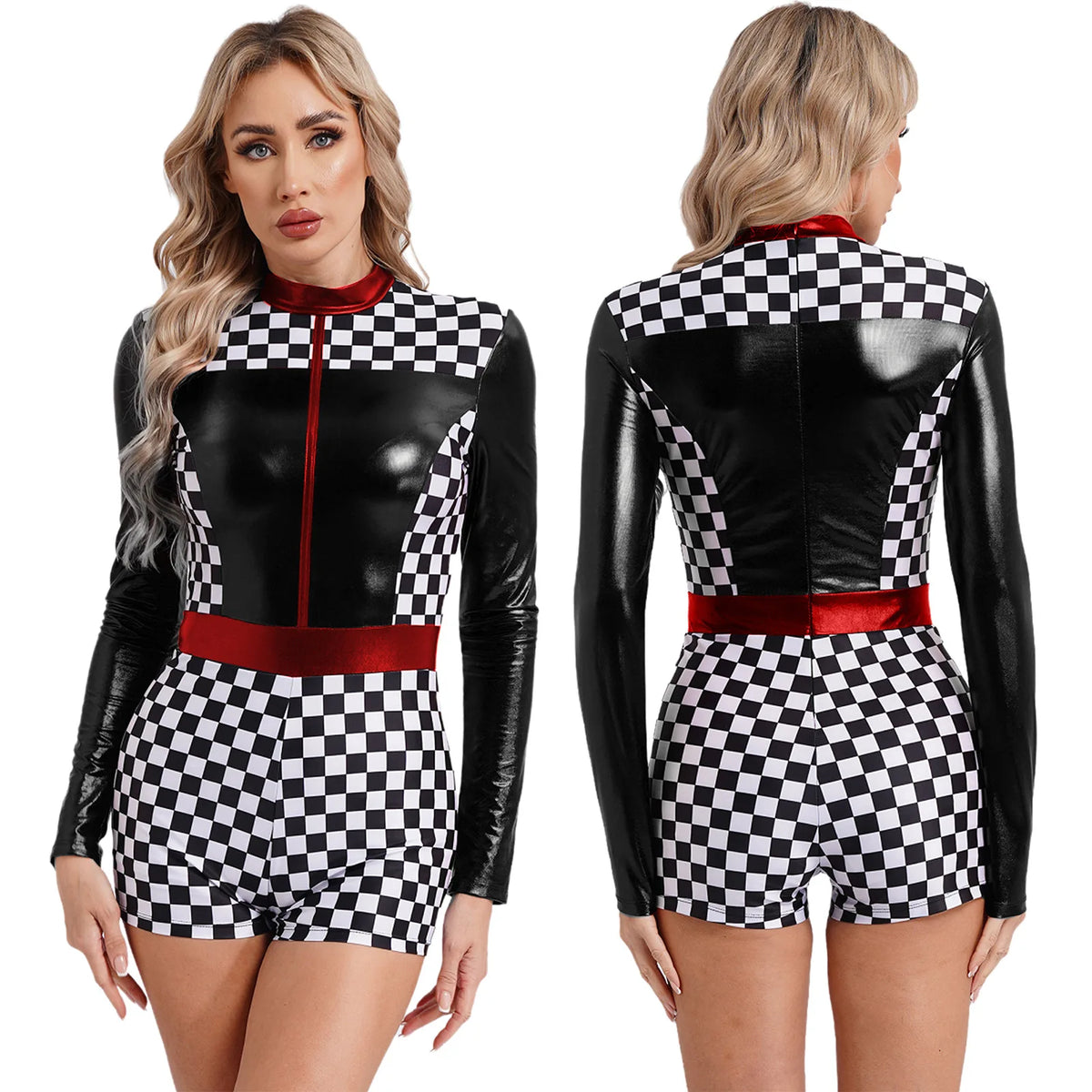 Women's Race Car Driver Romper Bodysuit Halloween Cosplay Costumes Theme Checkerboard Print Long Sleeve Boyshorts Racer Jumpsuit