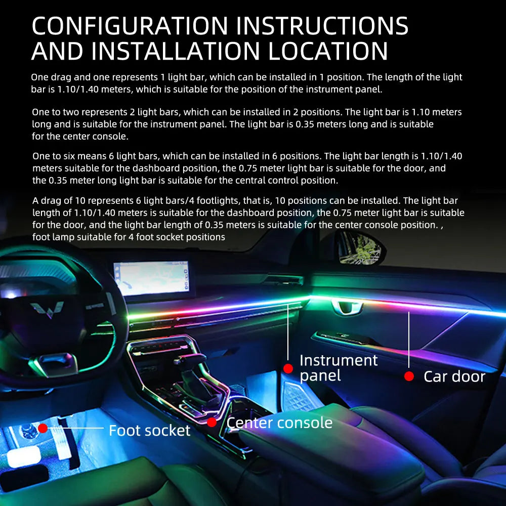 10 in 1 Car Interior Acrylic LED Ambient Lights 140cm 110cm For Tesla USB APP Remote Control RGB Symphony Atmosphere Lamp