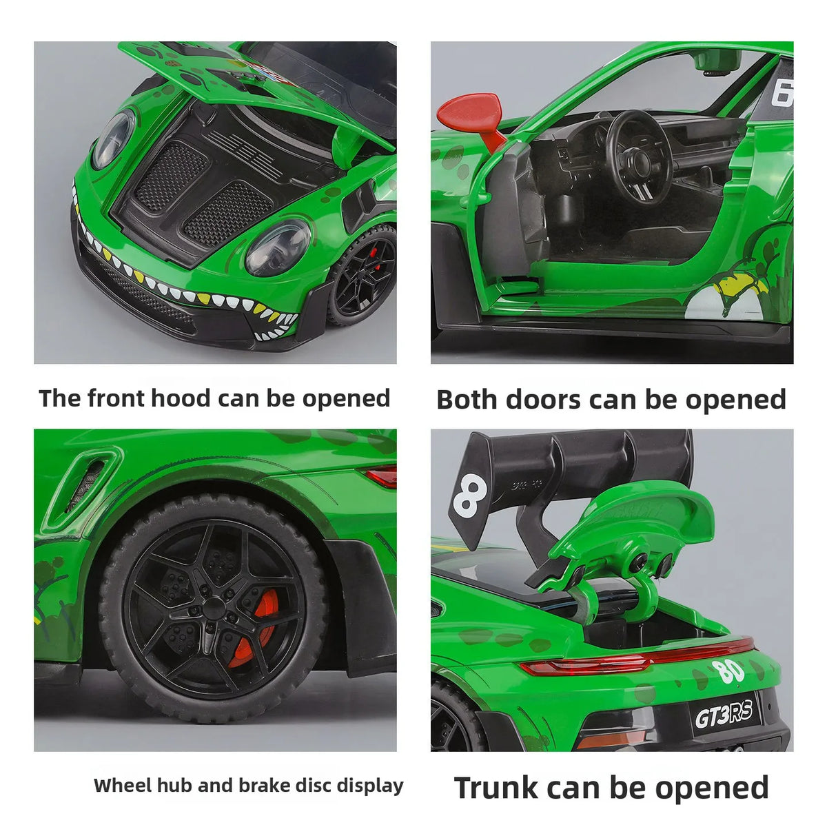 1:32 Porsche 911 GT3 R Rexy T-Rex Livery AO Racing Car Pull Back Toy with Light & Sound Drop Resistant Decor Gift for Collectors