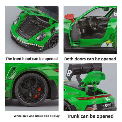 1:32 Porsche 911 GT3 R Rexy T-Rex Livery AO Racing Car Pull Back Toy with Light & Sound Drop Resistant Decor Gift for Collectors