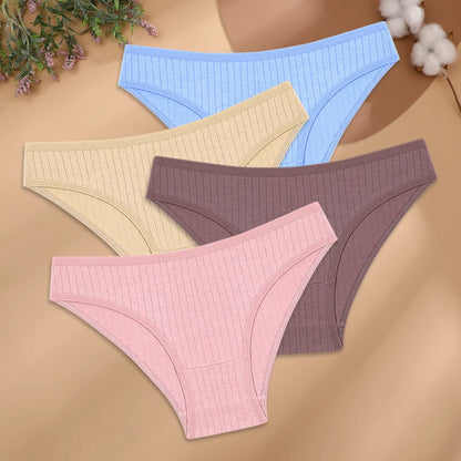 4Pcs/Set Cotton Panties Women Striped Solid Color Briefs Sexy Low-Waist Breathable Underpants Ladies Soft Stretch Lingerie M-XL