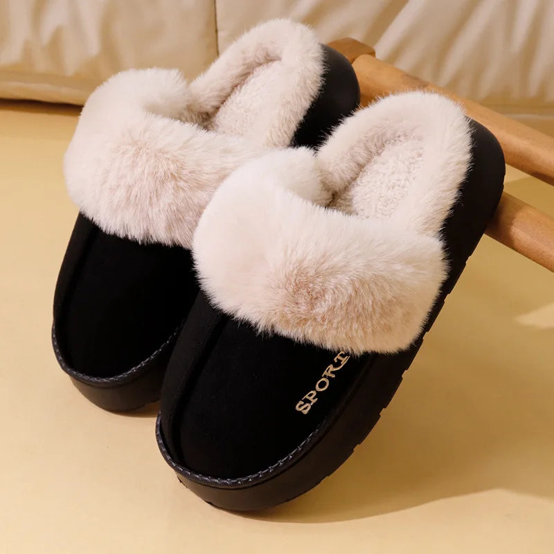 Winter Warm Sports Fluffy Slippers Women Thick Sole Non Slip Plush House Shoes Woman Fashion Faux Fur Platform Indoor Slippers