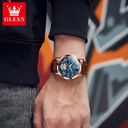 OLEVS 6668 Top Brand Men's Watches Trend Fashion Automatic Mechanical Wristwatch Leather Strap Waterproof Luminous Watch for Man
