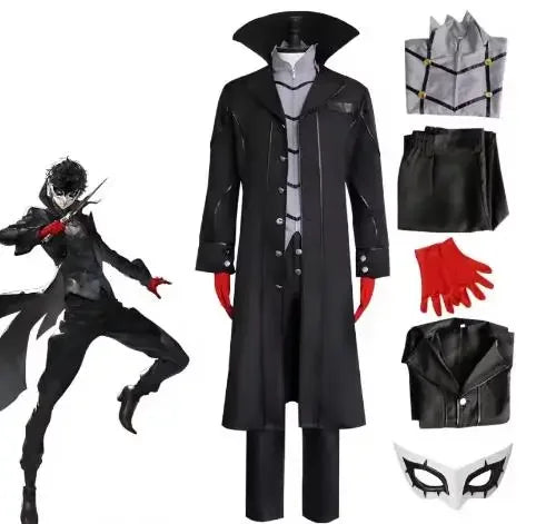 Anime Persona 5 Joker Cosplay Costume Game P5 Rain Palace Lotus Cosplay Full Set of Clothing Glove Mask Black Overcoat Uniform