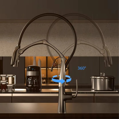AITANA Gun Grey Luxury Brass LED Display Kitchen Faucet，Touchless Sensor，Pull-Out 3-Function Spray Water-Saving SinK Mixer