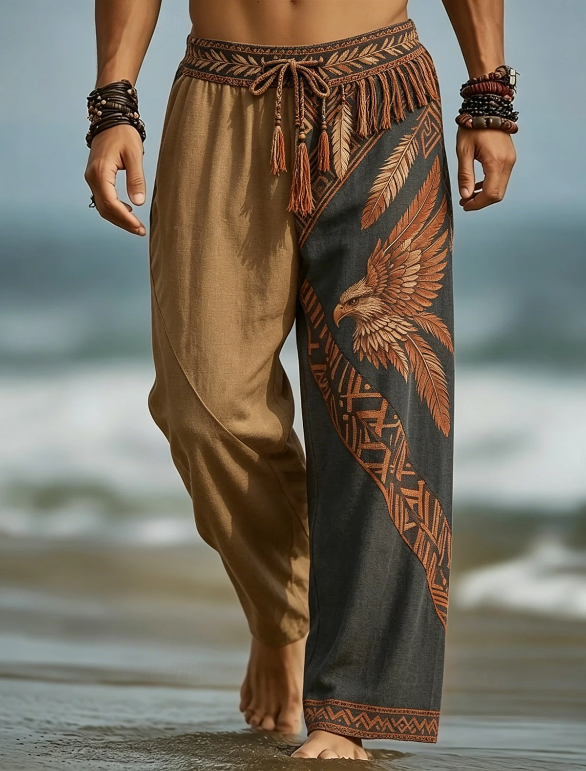 Men's Drawstring Waist Patchwork Tribal Geometric Print Long Pants, Relaxed Loose Fit For Spring Summer Beach Daily Wear