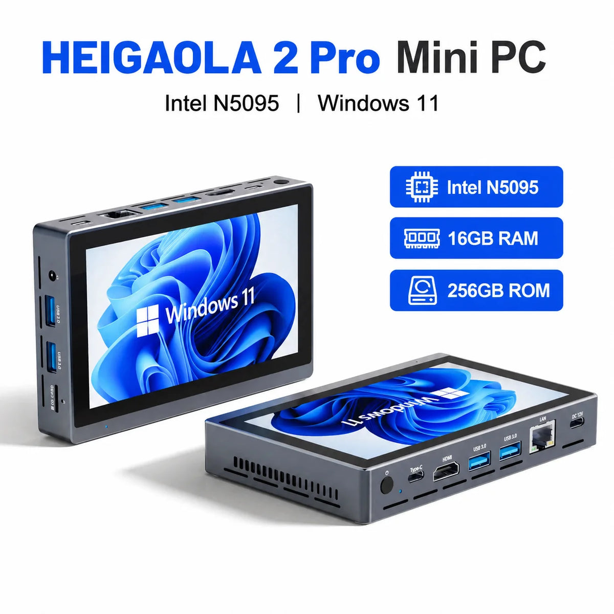 HEIGAOLA 2 Pro Mini PC Windows 11 Intel N5095 16GB RAM 256GB EMMC Touch Screen Computer 4K HDMI Type-C WiFi BT5.2