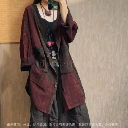 2026 Spring Autumn New Arts Style Women Single Breasted V-neck Long Coat Vintage Patchwork Print Cotton Linen Loose Jackets F89