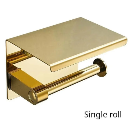 Multifunctional Toilet Paper Holder with Shelf Wall Mounted Double Roll Towel Holder Bathroom Gold