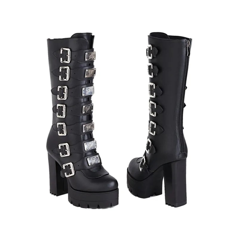 Punk Gothic Solid Black Multi-buckle Strap Designer Women's Winter Warm Shoes Western Platform Block High Heels Mid-calf Boots