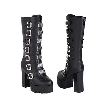 Punk Gothic Solid Black Multi-buckle Strap Designer Women's Winter Warm Shoes Western Platform Block High Heels Mid-calf Boots