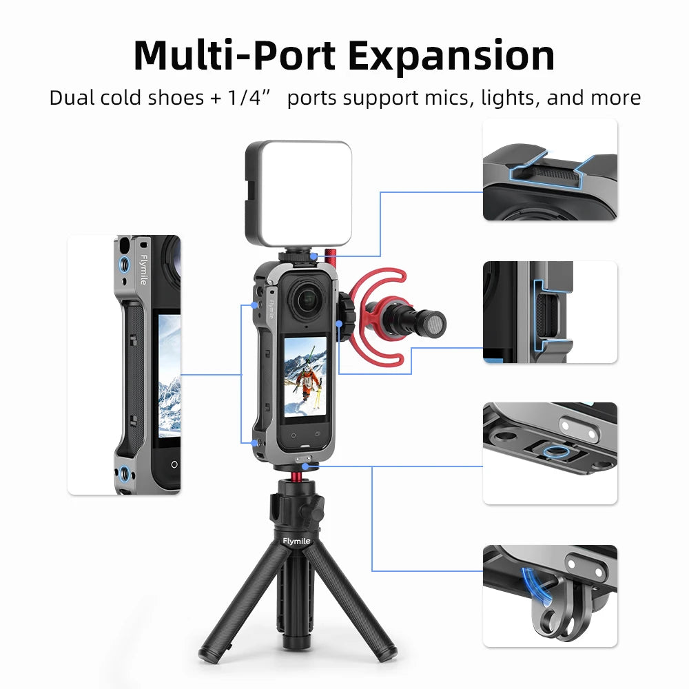 Flymile Metal Cage Protective Case for Insta360 X5 Accessories Aluminum Alloy Expansion Frame Adapter Mount with Lens Guard