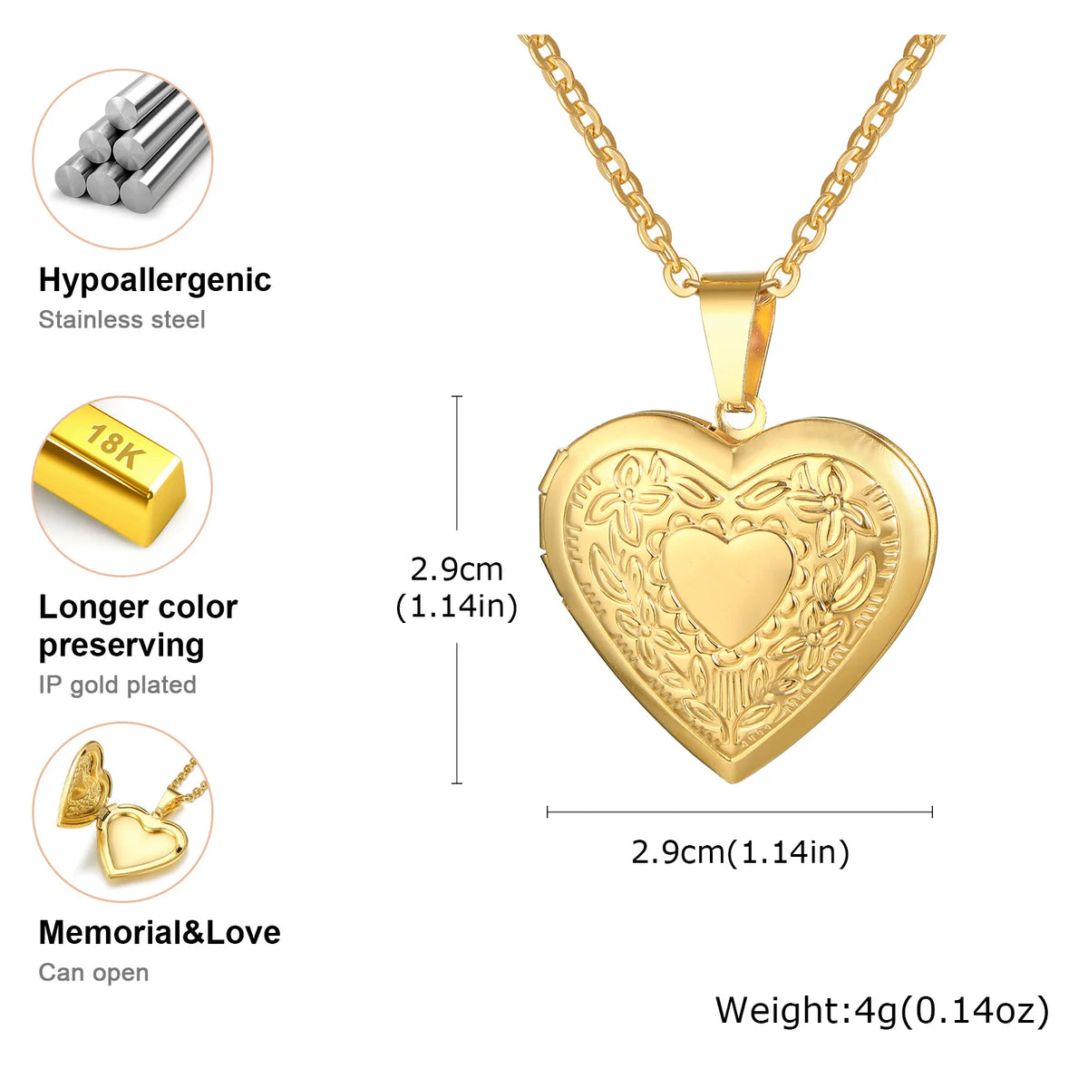 Vnox Light Heart Locket Pendants for Women Men Openable Photo Frame Glossy Stainless Steel Necklaces Family Love Collar