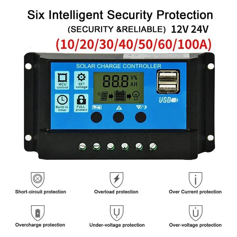 Solar Charge solar panel Controller 10A to 60A LCD Display Dual USB Auto Regulator for Solar Panel Battery System Charging