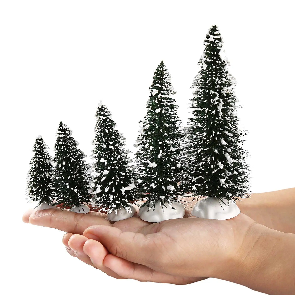 Evemodel 20pcs Snowy Pine Trees Miniature Christmas Trees Covered Snow with White Bases for Christmas Home Party Decor XS0804