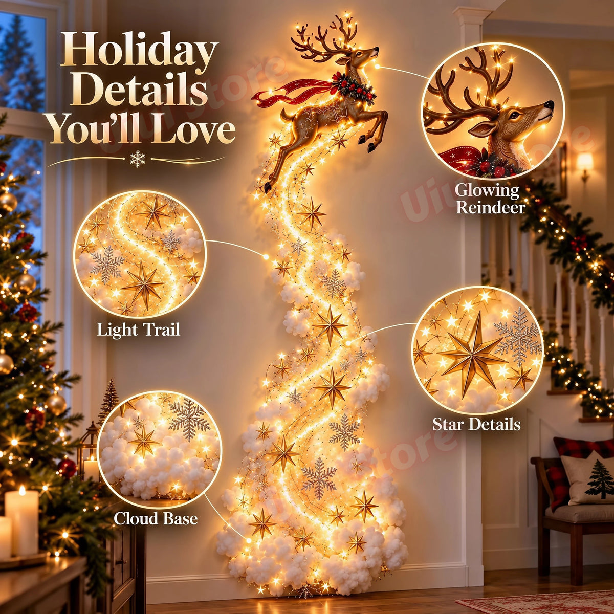 Christmas Magic Trail Wall Light-LED Glowing Christmas Scene Wall Decoration,Santa Sleigh Reindeer Hanging Decoration for Party