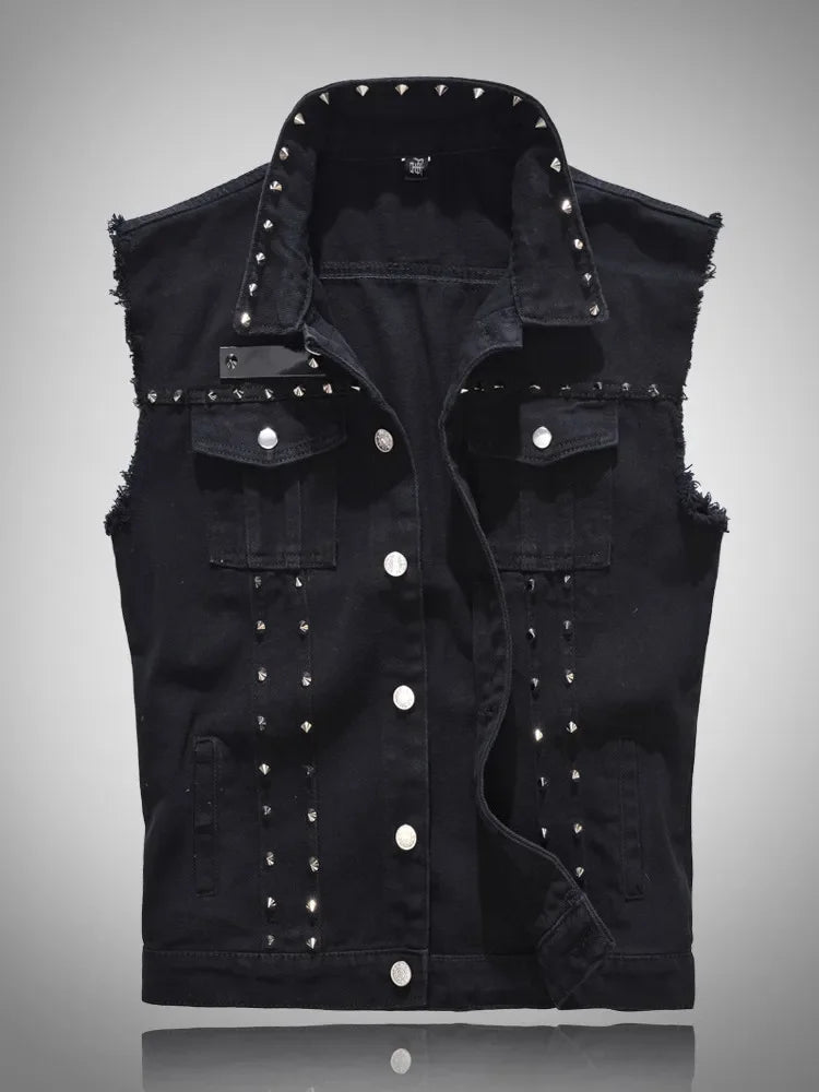 2026 Spring Fashion Men Rivet Denim Vest Punk Party Studded Slim Fit Jean Jacket Male Sleeveless Waistcoat for Men Plus Size 6XL