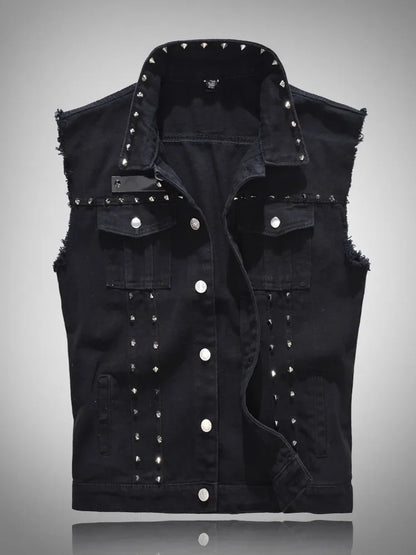 2026 Spring Fashion Men Rivet Denim Vest Punk Party Studded Slim Fit Jean Jacket Male Sleeveless Waistcoat for Men Plus Size 6XL