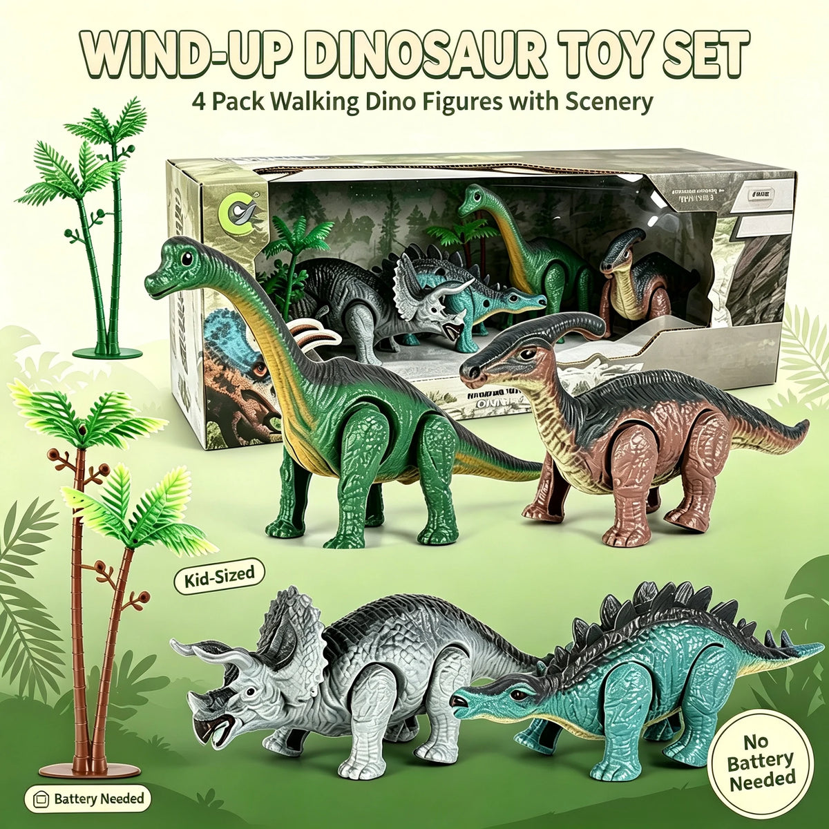 Wind-Up Automatic Walking Mechanical Dinosaur Toy Set,Realistic Dino Figures Educational Playset,Birthday Christmas Gift for Kid