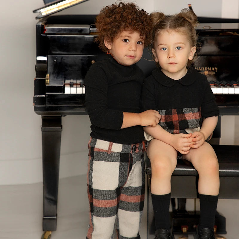Ali-Plus Family Clothes Set Black Cotton Mousse Cashme Plaid Girl Dress Vest Shirt Black Mock Neck Top Plaid for Autumn Children