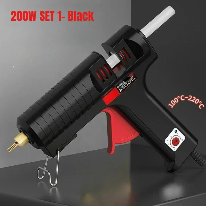 200W Hot Silicone Gun with Nozzle and 11mm Glue Sticks, Adjustable Temperature,Profeesional Glue Gun Black,DIY Craft 220V