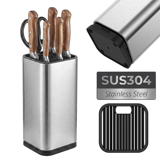 Stainless Steel Standing Knife Holder Metal Kitchen Storage Rack with Slots and Detachable Base Countertop Scissors Organizer