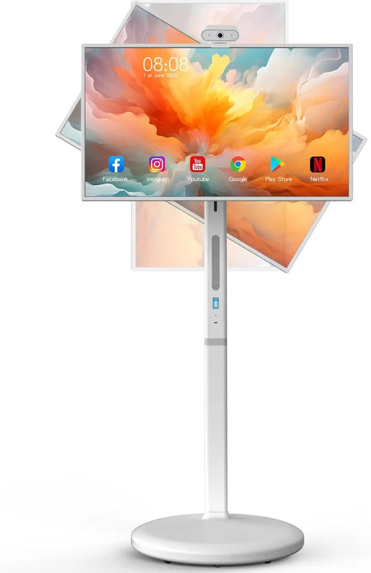 32' Portable TV Screen 1080P Touch Screen Monitor on Wheels, Android OS 13 Built-in Battery, Detachable Camera HDMI,