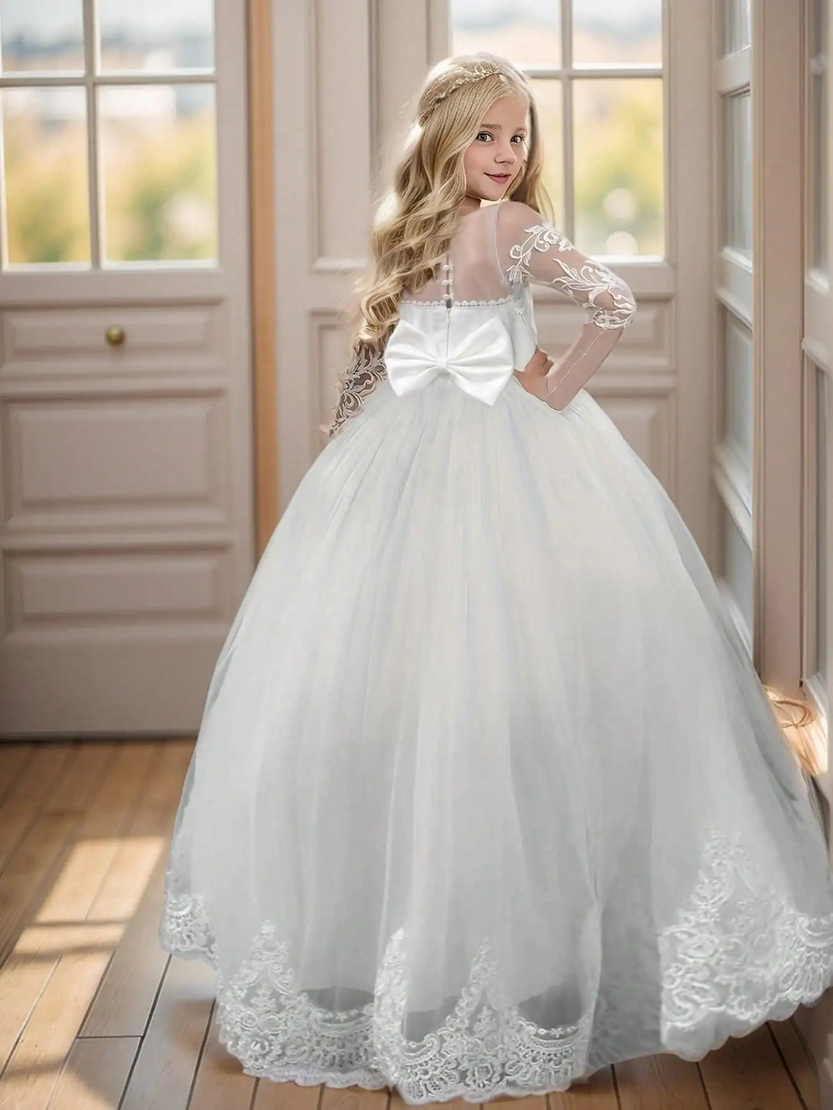 Lace Embroidered Tulle Long-Sleeved Children's Train Flower Girl Dress