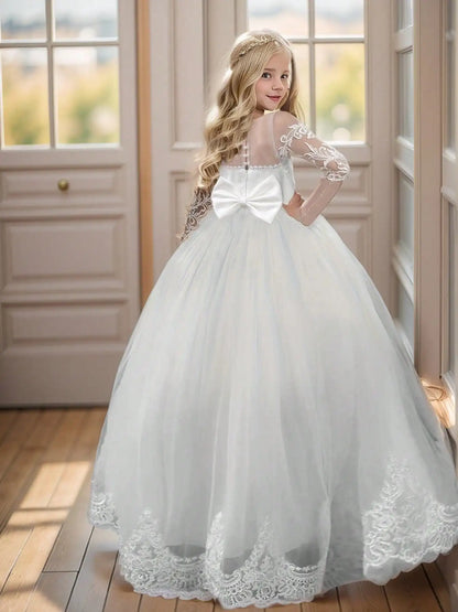 Lace Embroidered Tulle Long-Sleeved Children's Train Flower Girl Dress