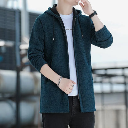 Mens Long Knit Cardigan Autumn Winter Sweater Coat Fleece Heavy Hooded Trench Coat Solid Chenille Men's Fashion Jacket