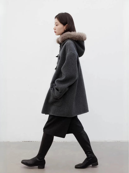 CHIC VEN Women Mid-length Woolen Coat Loose Casual Hooded Double-sided Horn Buckle Female Jacket Overcoat Autumn Winter 2025