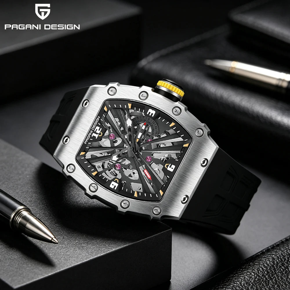 PAGANI DESIGN Men's Quartz Watch Tonneau Hollow Dial Luminous 50M Waterproof Sports Silicone Strap Luxury Watch Reloj Hombre