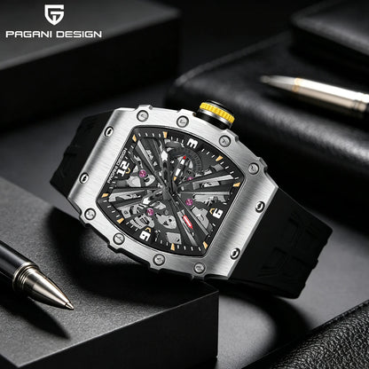 PAGANI DESIGN Men's Quartz Watch Tonneau Hollow Dial Luminous 50M Waterproof Sports Silicone Strap Luxury Watch Reloj Hombre