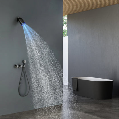 Aitana Minimalist Black Brass Wall-Mounted Bathroom Shower System with LED Light Rainfall Head 2 Functions of Hot And Cold Water