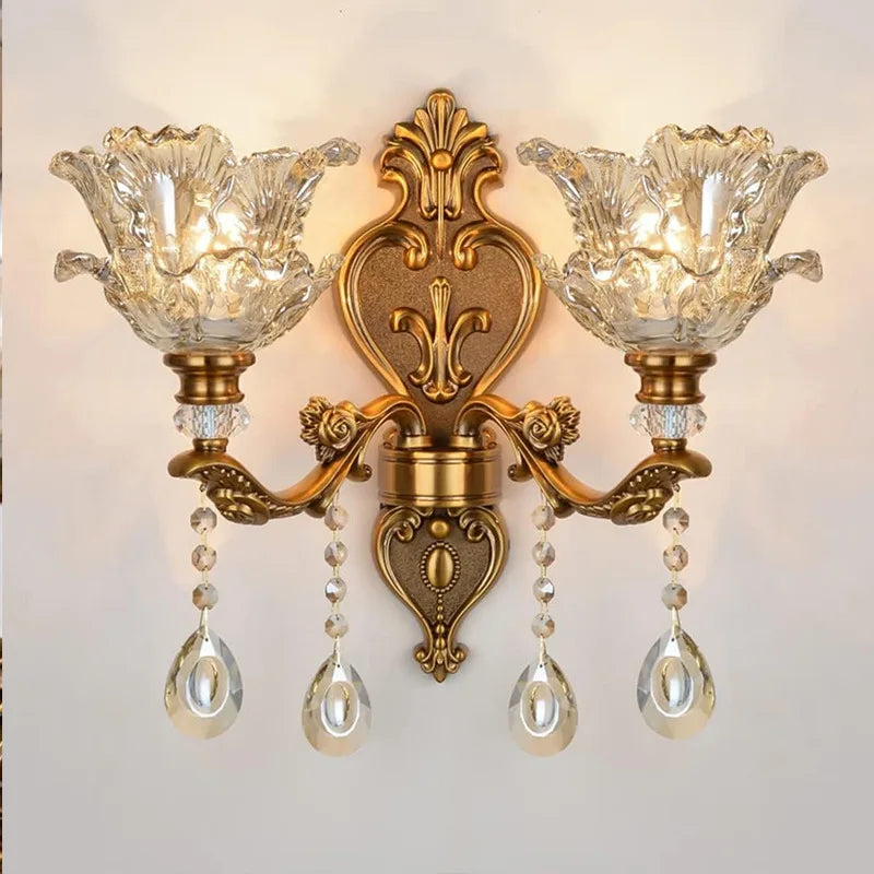 European Style Retro Crystal Glass Wall Lamp Dual Head Living Room Bedroom Bedside Lamp Corridor Corridor Wall Lamp