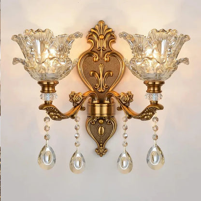 European Style Retro Crystal Glass Wall Lamp Dual Head Living Room Bedroom Bedside Lamp Corridor Corridor Wall Lamp