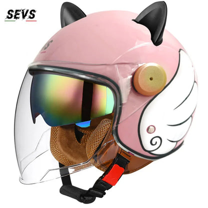 Motorcycle Helmet Retro 3C & DOT Certified Half Face ABS Helmet Dual Visor Hidden Sun Shield Removable Cute Cat Ears