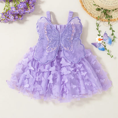 Baby Girl Dress Summer Butterfly Mesh Suspender Girl Dress Cute Back Wings Girl Wedding Flower Girl Dress