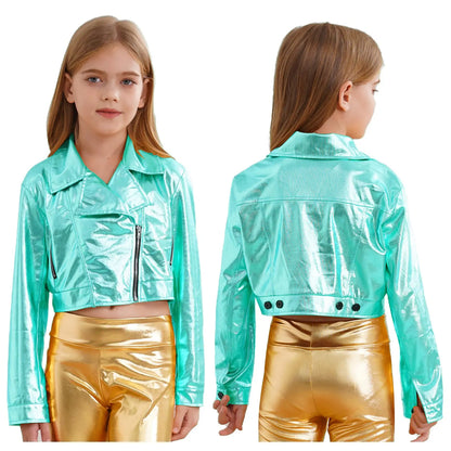 Kid Girls Boys Zipper Metallic Motorcycle Jacket Coat Hip-Hop Jazz Street Dance Outwear School Party Stage Performance Dancewear
