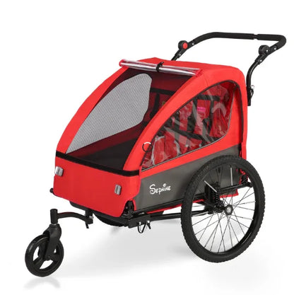 BT920 Child Bike Trailer Double Seat Max 88lbs Foldable Compact Storage Jogging Stroller Mode With Handbrake