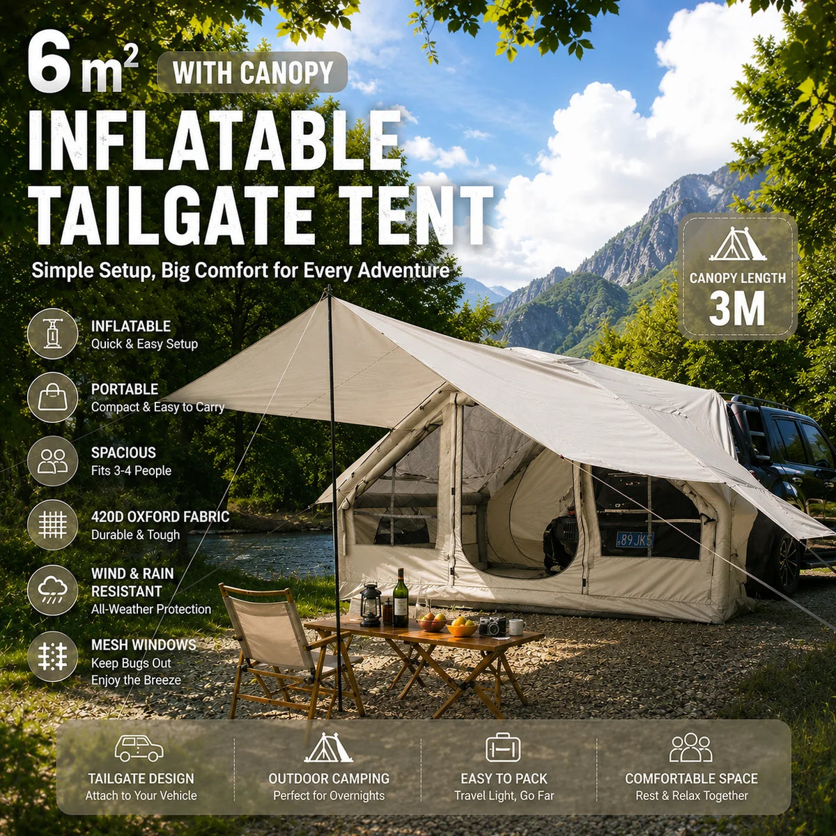 Inflatable Car Tent with Skylight,Blow up Car Rear Tent with 3m Canopy,Inflatable SUV Tailgate Tent with One Bedroom& One Hall