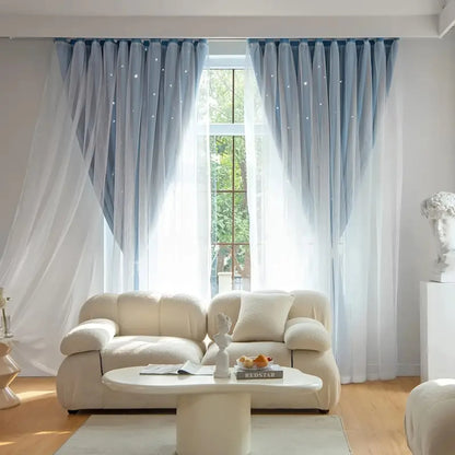 1pc Stylish Double Layer Sheer  Paired Curtains, Star Details, Blackout for Living Room,Bedroom,Cozy Dreamy Space