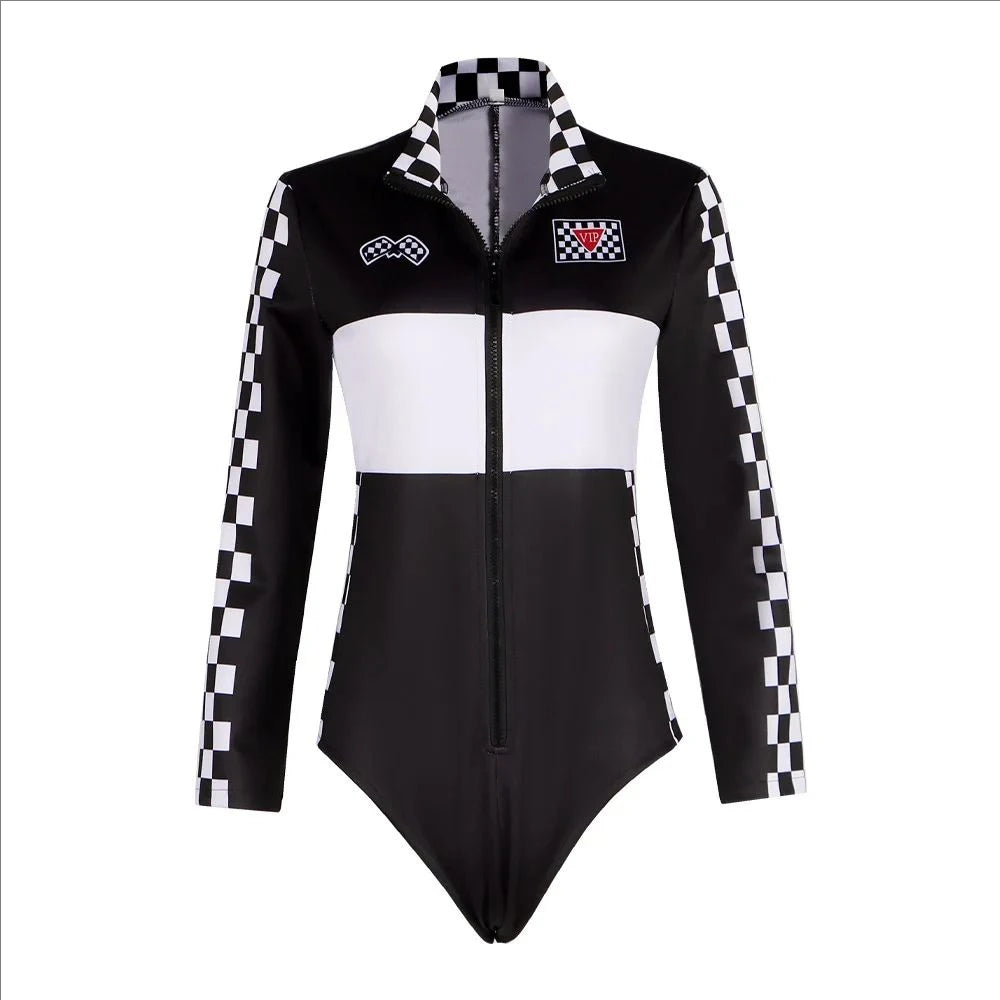 Women Race Car Driver Jumpsuit Cosplay Costume Sexy Bodysuit Long Sleeves Car Game Racer Girl Cheerleaders Uniform Halloween