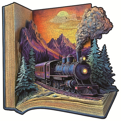 Wooden Puzzle for Adults - the Train in the Book Puzzle, Unique Shape Wooden Jigsaw Puzzles, Modern Art Home Decor